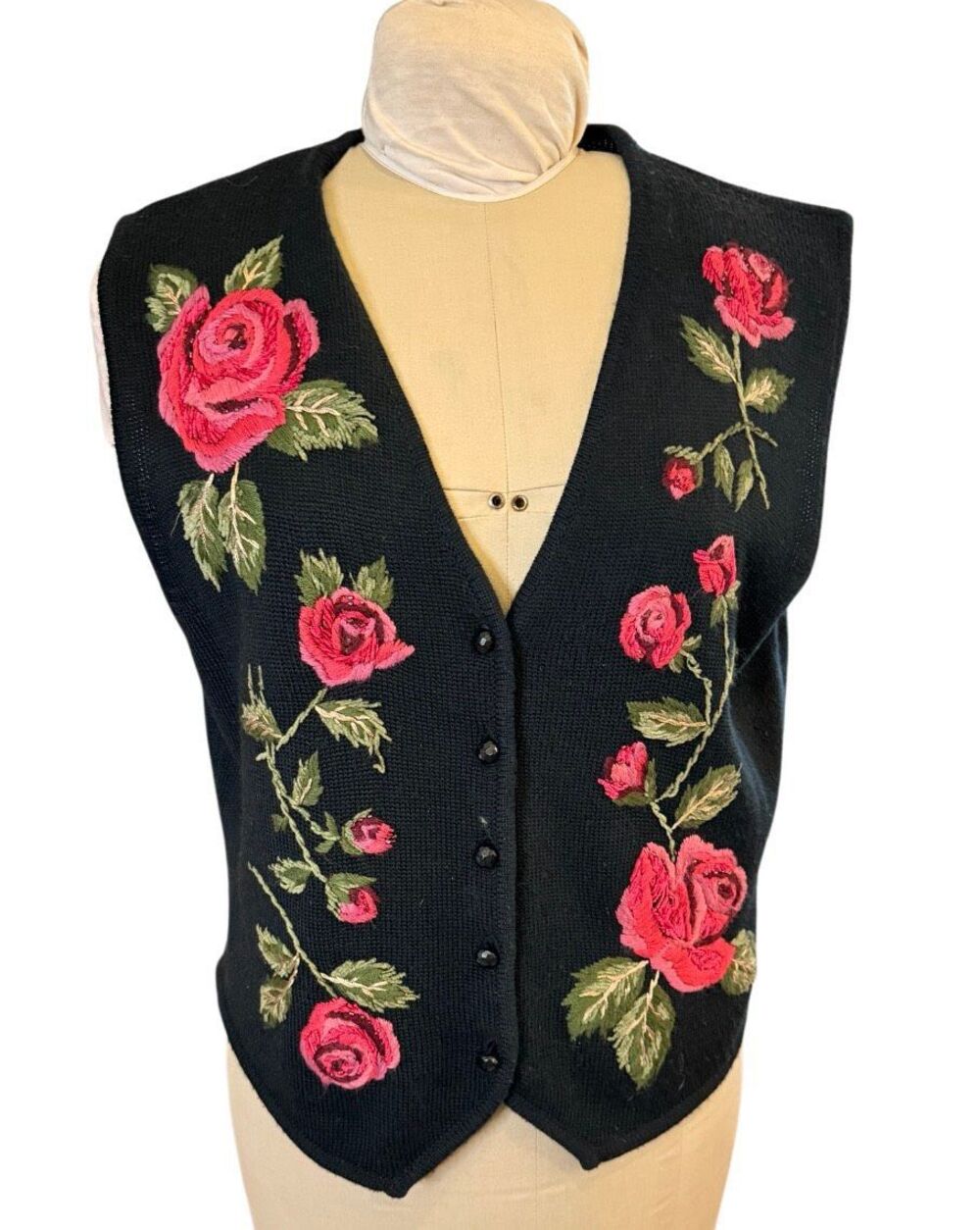 Susan Bristol Vintage Embroidered Sweater Vest Floral Large Button Front Y2K
